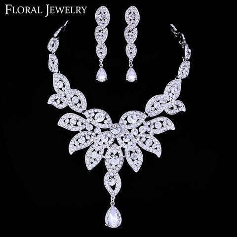 Crystal White K Plated Necklace Earrings Bridal Jewelry Sets