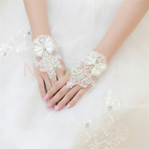 Bridal Gloves Lace Bow Fingerless Beaded Lace