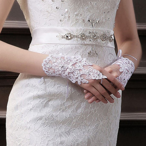 Flowers White Bridal Glove Fingerless Rhinestone Satin Lace